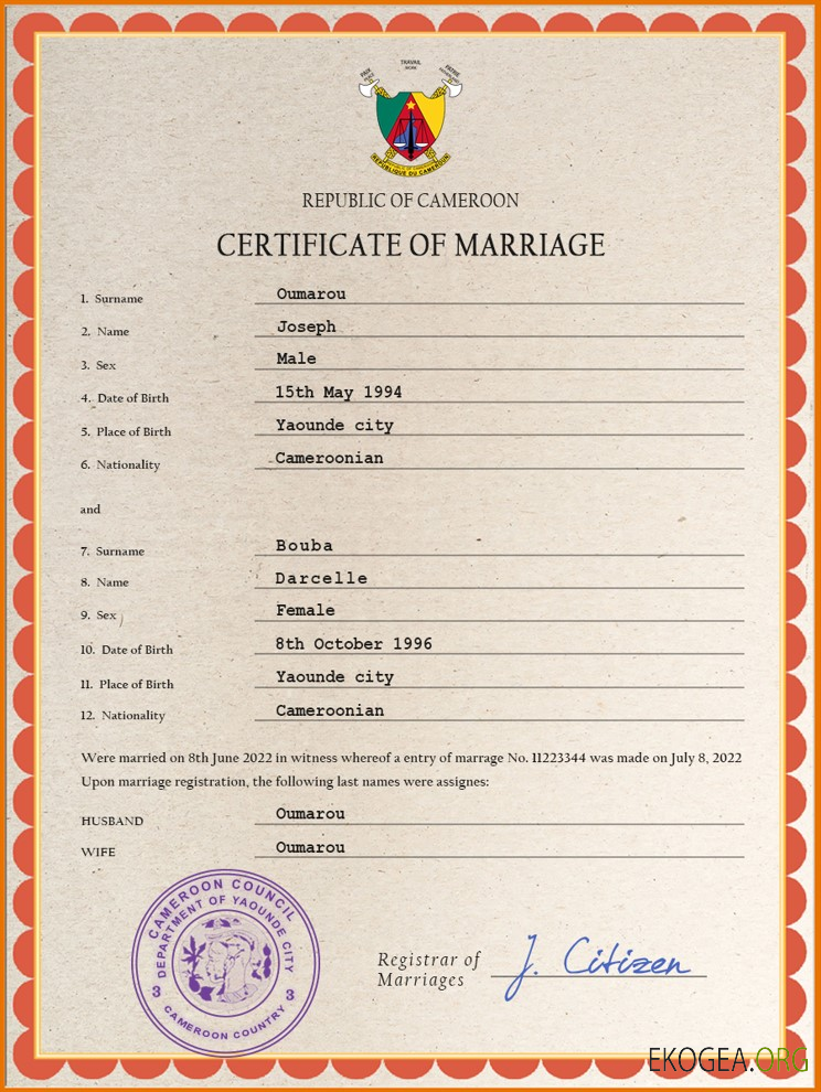 Modèle PSD de certificat de mariage au Cameroun